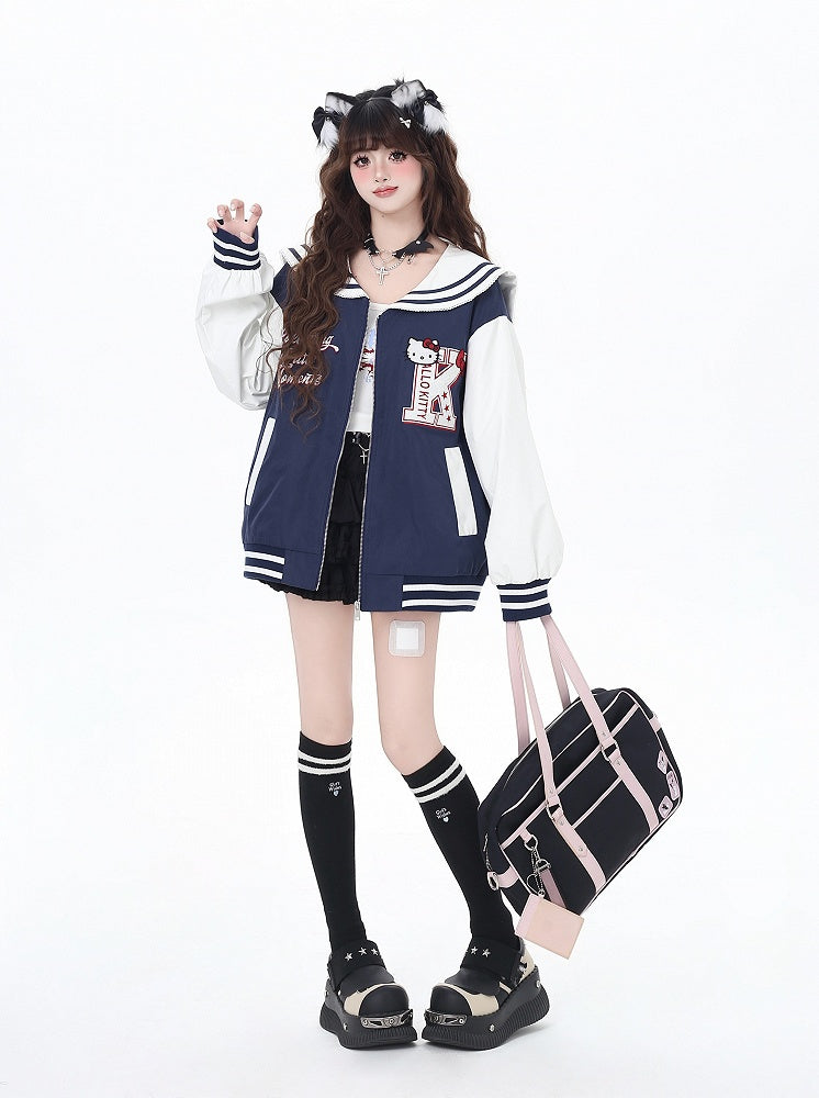 Navy Blue/Gray Sailor Collar Kitty Embroidered Baseball Jacket