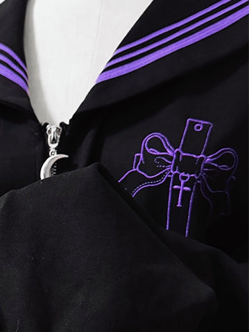 Purple Nautical in Collar Sailor - Jacket Style Black