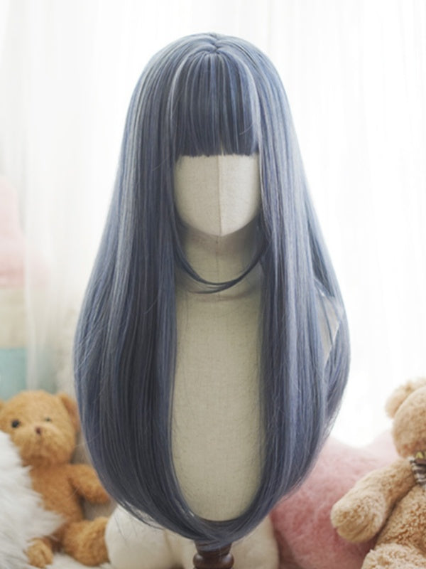 Lange, glatte Perücke in Rot/Rosa/Grün/Lila/Staubblau/Orange mit vollem Pony