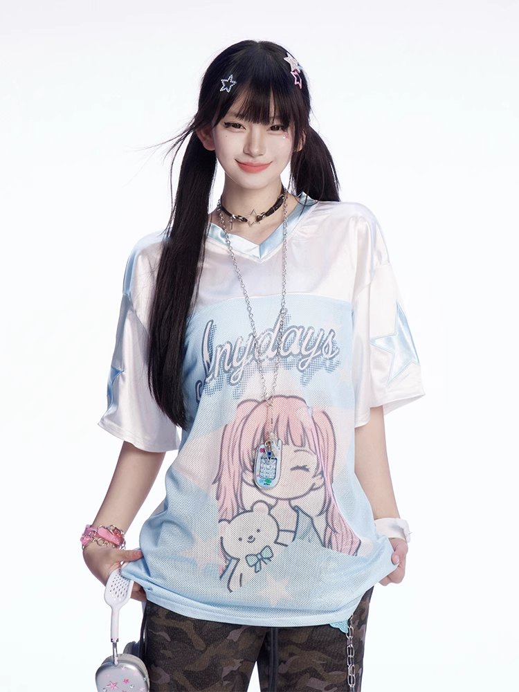 T-shirt Blau und Weiß Colorblock Design V-Ausschnitt Cartoon Mädchen Druck Lose