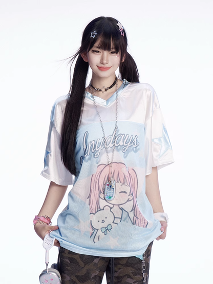 T-shirt Blau und Weiß Colorblock Design V-Ausschnitt Cartoon Mädchen Druck Lose