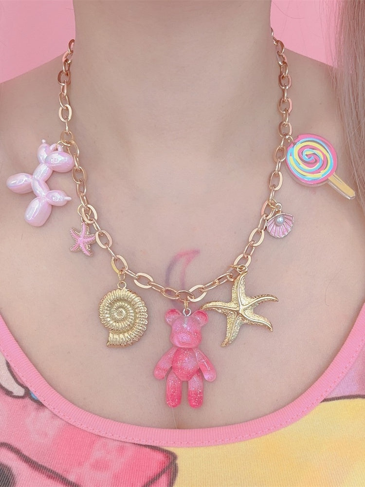 Golden Eye Necklace Y2K Candy Dog Heart Bear Starfish/Evil Chain Balloon With Charms