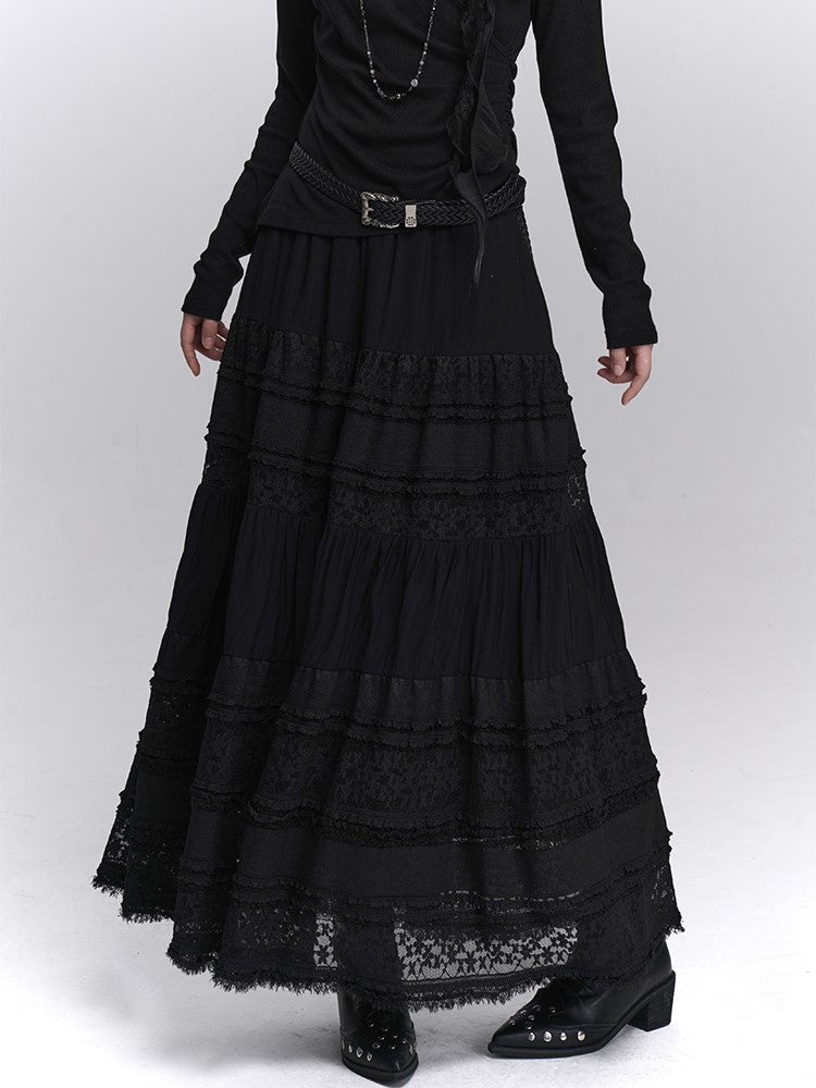 Lace Elastic Waist with Black Lining Patchwork Skirt Gothic Maxi