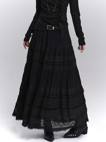Lace Elastic Waist with Black Lining Patchwork Skirt Gothic Maxi