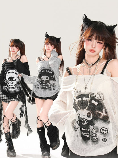 Rebellious Witch Schwarz/Weiß/Grau Ausschnitt Sonne Off-the-Shoulder Schutz Grafik Top