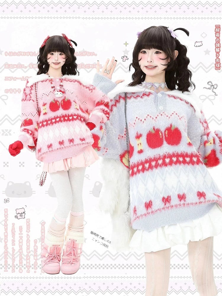 Daily Christmas Apple in Purple Bow with Pink/Light Patterns Kawaii Sweater
