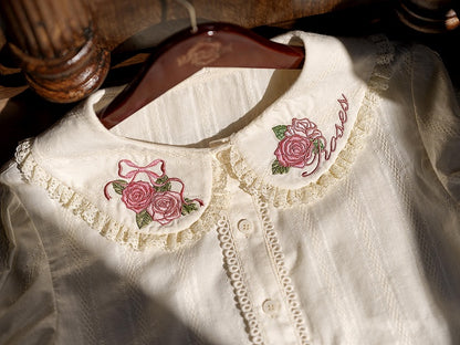Pink Rosette Embroidery Collar Cream Short Sleeve Blouse - Dream Magic Box