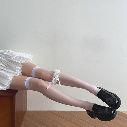 + Garter Stockings Knee Ruffled Set White Over Leg Bow