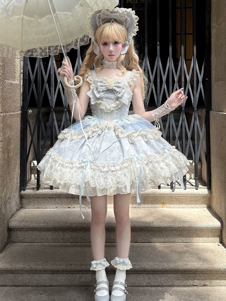 Lolita Kleid Pullover Stoff Jacquard Schleife Rock Süße blaue Akzente