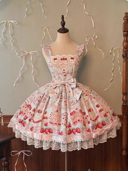 and Dress Print Sweet Jumper Strawberry Blue Skirt Cute Cake Lolita