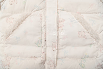 Süße weiße Daunenjacke mit Kapuze und Lamm-Print, kurze/lange Version