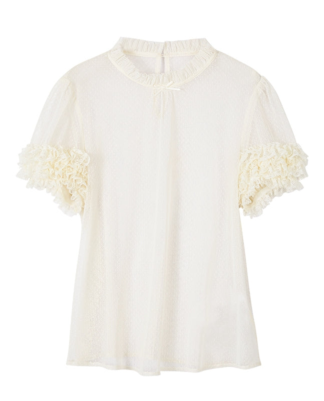 クリーミーなフリルネックライン半袖シアーブラウス