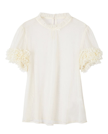 クリーミーなフリルネックライン半袖シアーブラウス
