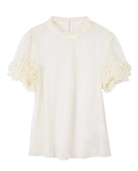 クリーミーなフリルネックライン半袖シアーブラウス