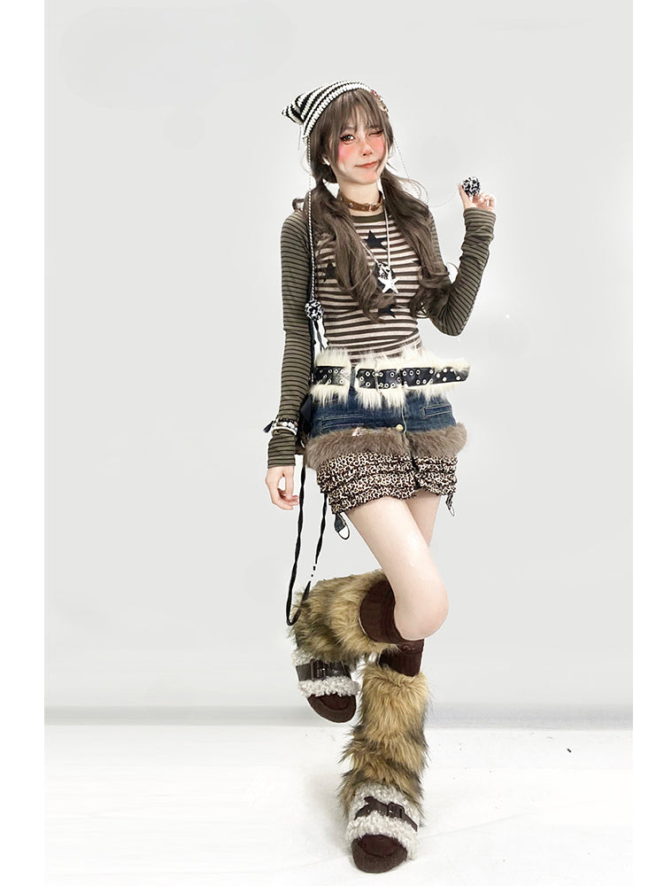 レオパードヘムパッチワークデニムハイウエストスカート