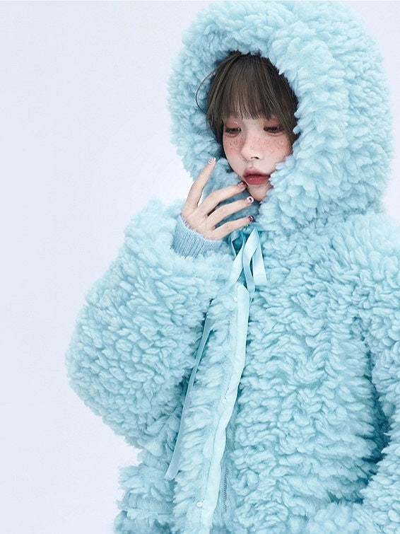 Light Winter Coat Blue for Hooded Drawstrings Fleece Long with