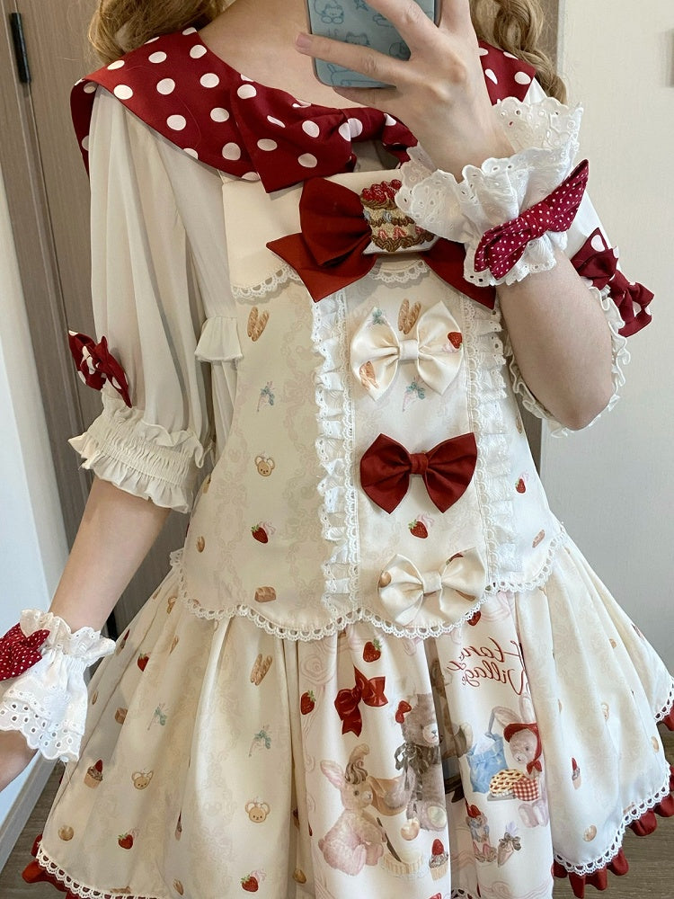 Beige Bear & Strawberry Print Adjustable-Strap Jumper Dress - Honey Village
