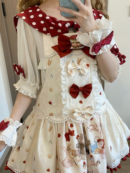 Beige Bear & Strawberry Print Adjustable-Strap Jumper Dress - Honey Village