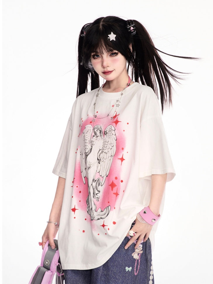 プリントルーズホワイトラウンドネックエンジェルTシャツ