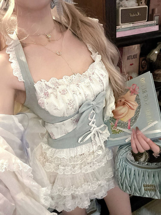 Denim-Blue Floral Lace-Trim Halter Top With Bow Accent