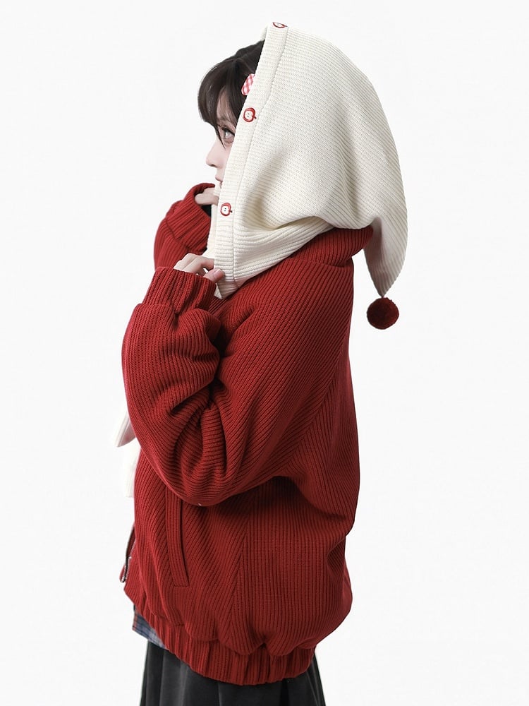 Red - Knit Patch Jacket Banded Brooch Apple Collar