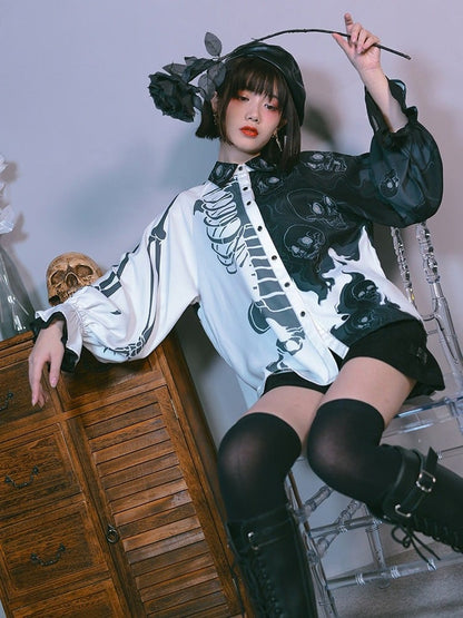 Gothic Black and White Balloon Sleeve Shirt with Asymmetric Skeleton Print - Quirky Hut