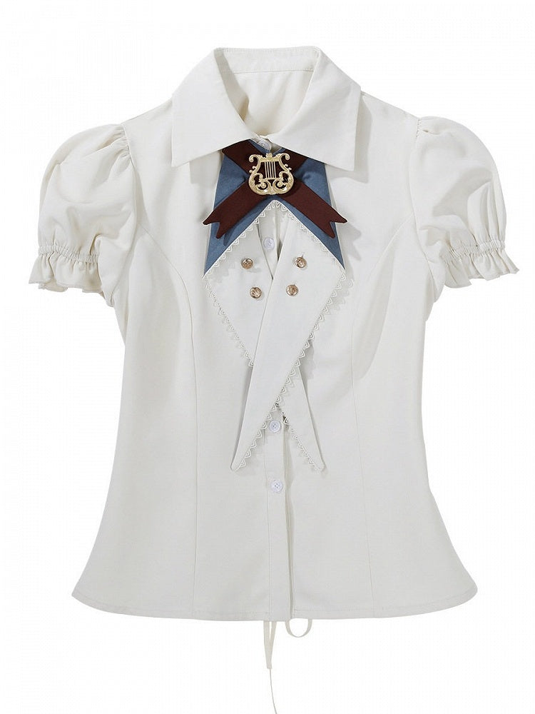 White Prince Style Short Sleeve Lolita Blouse with Lace-Up - Xiong Dou Jiang