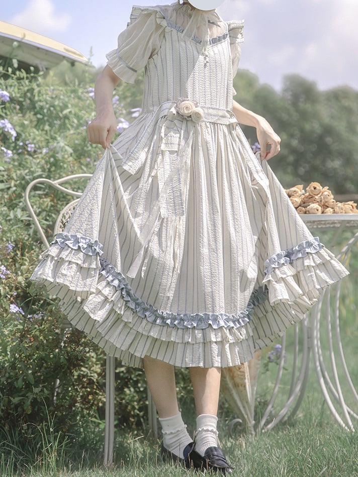 Waistbelt Flutter with Blue Striped Beige Sleeves and Dress