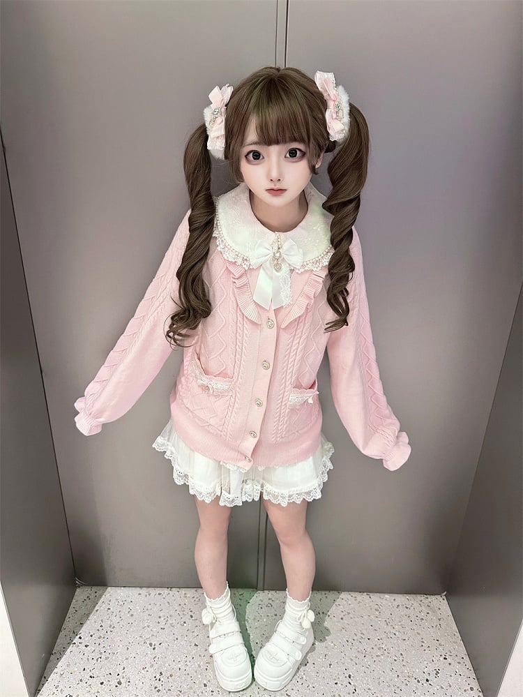 Sweet Jirai Kei Light Pink Knit Sweater with Heart-Shaped Rhinestone Buttons