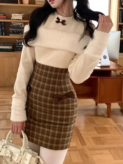 Dress Two-Piece Plaid Panel Brown Knit Open with Beige Faux Design Shoulder