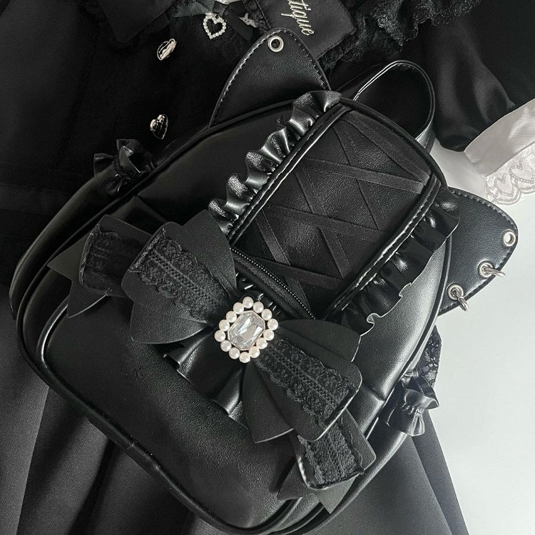 Black Kei Cat Ear Backpack With Beaded and Rhinestone Bow Jirai