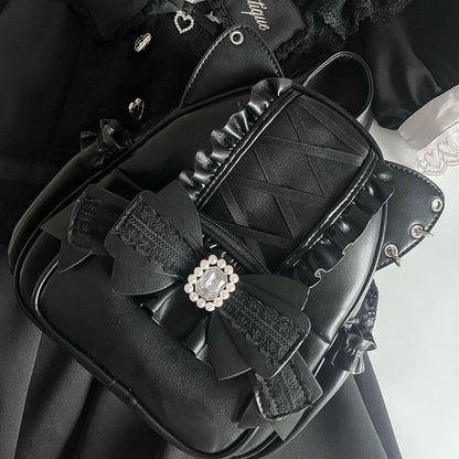 Black Kei Cat Ear Backpack With Beaded and Rhinestone Bow Jirai