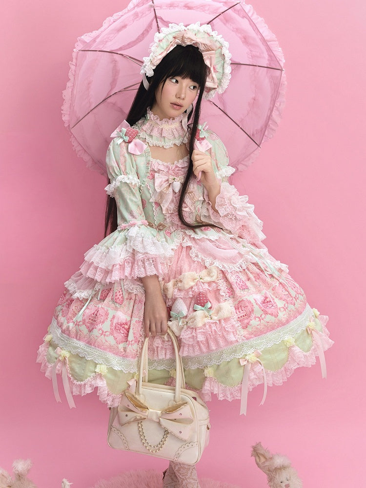 Green & Pink Strawberry Cake Print Bell Sleeve Lolita Dress - Ball Lolita