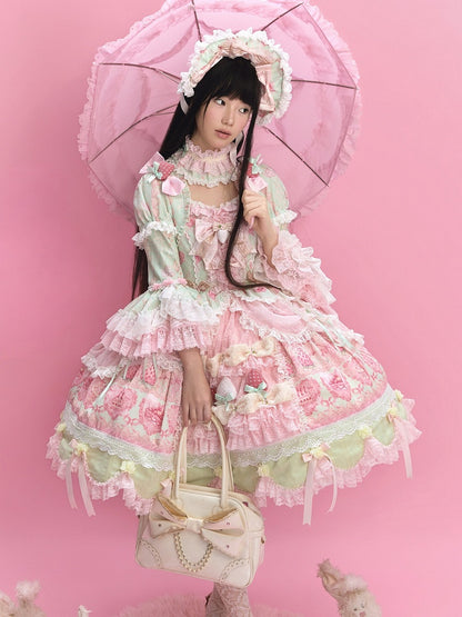 Green & Pink Strawberry Cake Print Bell Sleeve Lolita Dress - Ball Lolita