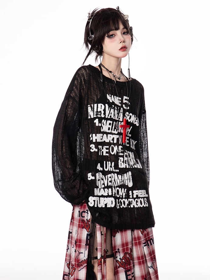 Semi-sheer Coverup Round Neck Vintage Letter Print Black/Apricot