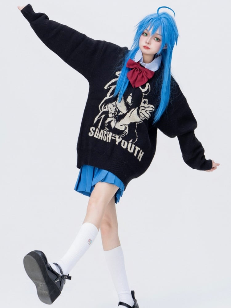 Cartoon Mädchen Strickpullover mit Print und Buchstaben in Schwarz