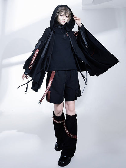 バックルフード付きロリータテックウェア王子ストラップジャケット ブラック