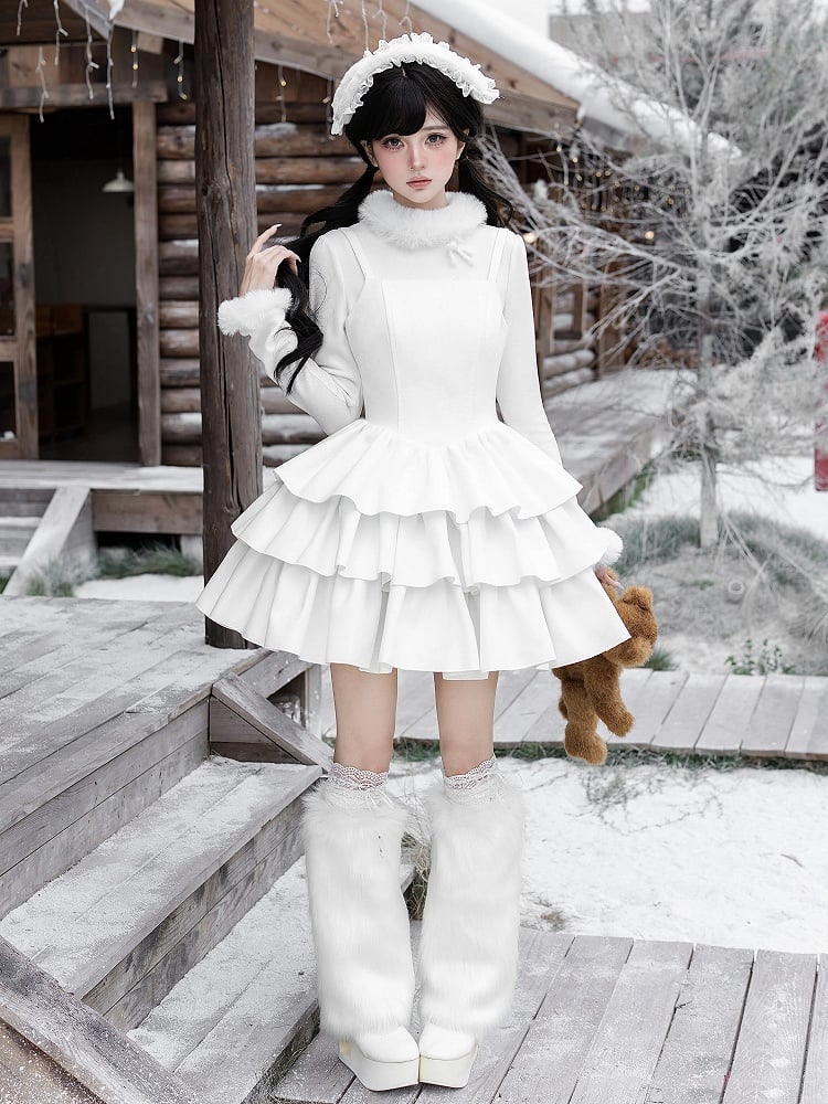 Dress with Lolita Shoulder Winter Ruffle Hem Tiered Adjustable White Straps All