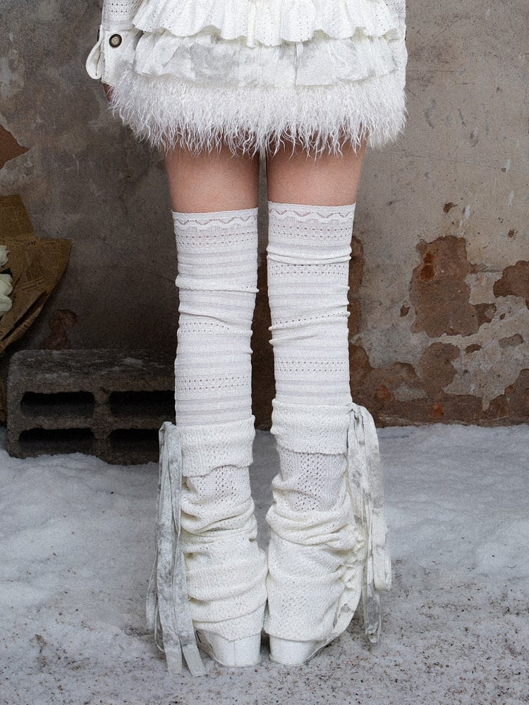 with Beige Y2K Self-tie Warmers Knit Leg Side Button Straps