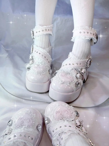 Plateau-Absatz mit Strass-Dekor und Absätzen: – Schnallenriemen Kei Criss-Cross Pink Chunky Lace High Jirai