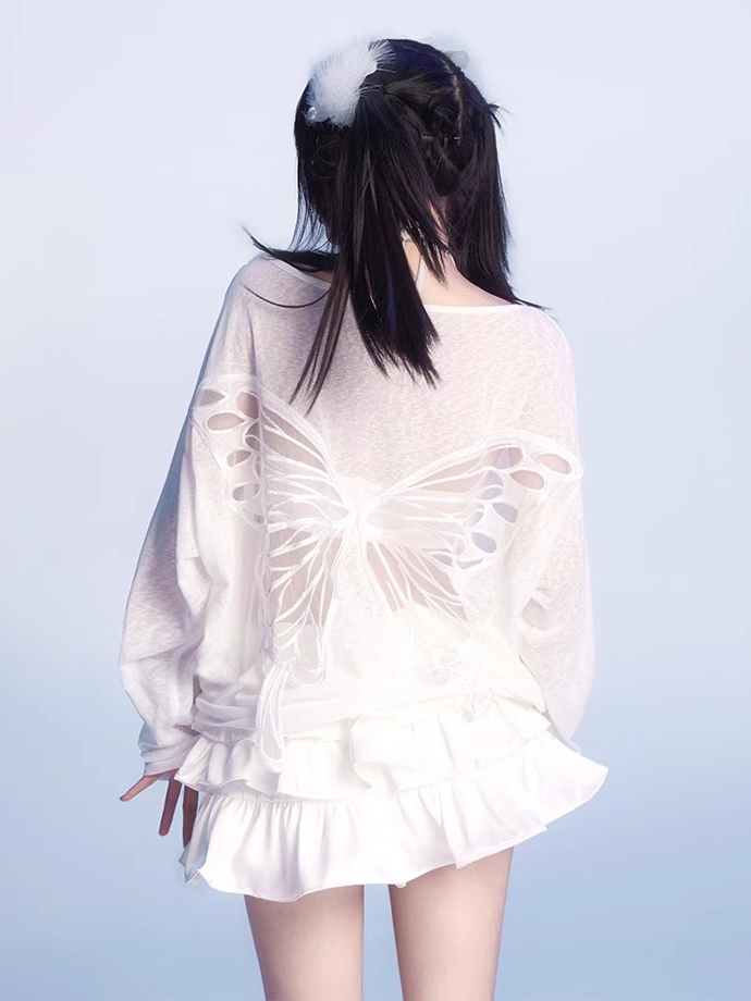 Butterfly-shaped Cutout White Asymmetrical Neckline Semi-sheer Coverup