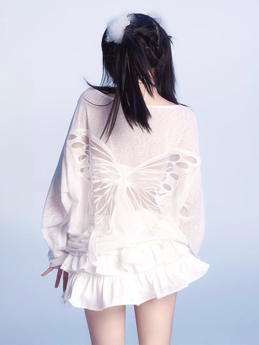 Butterfly-shaped Cutout White Asymmetrical Neckline Semi-sheer Coverup