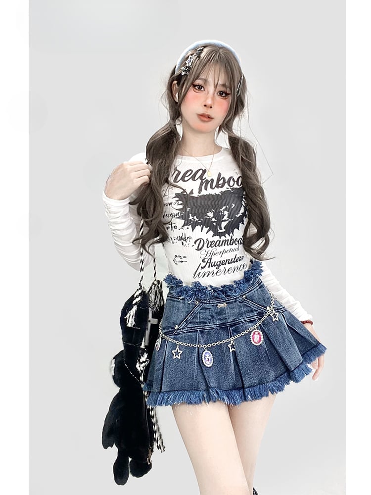 Y2Kヴィンテージ ダークブルー ディストレストトリム デニム グラマラススカート+バックルストラップ プラッシュトリム レッグウォーマー