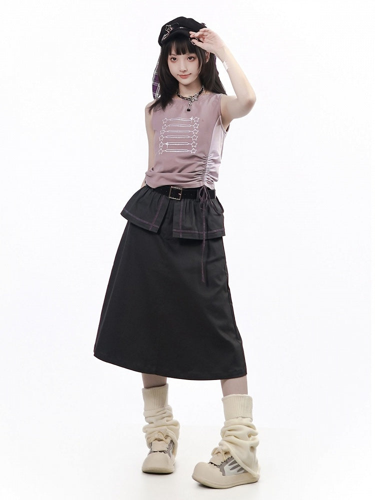 Dark Gray Long Skirt with Faux Layered Two-Piece Design - PINK SAVIOR
