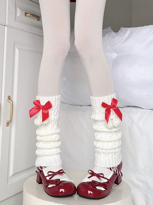 Red Decorations Leg Warmers with 40CM Pom-pom White Knitted Bow