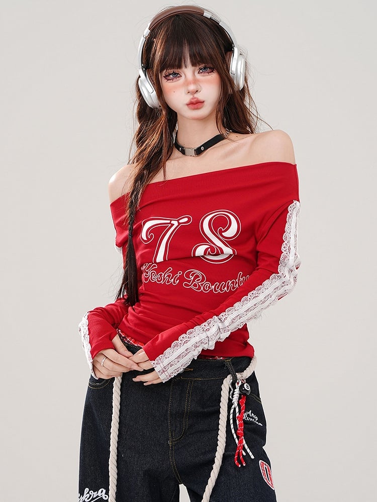 赤い文字のオフショルダーネックライントップ、レースアップリケスリーブ