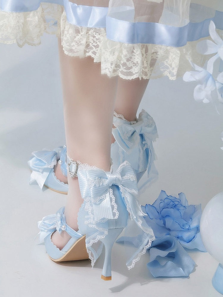 Satin Blue Flower & Bead 8cm Heels Lolita Shoes - Wind Bell Island