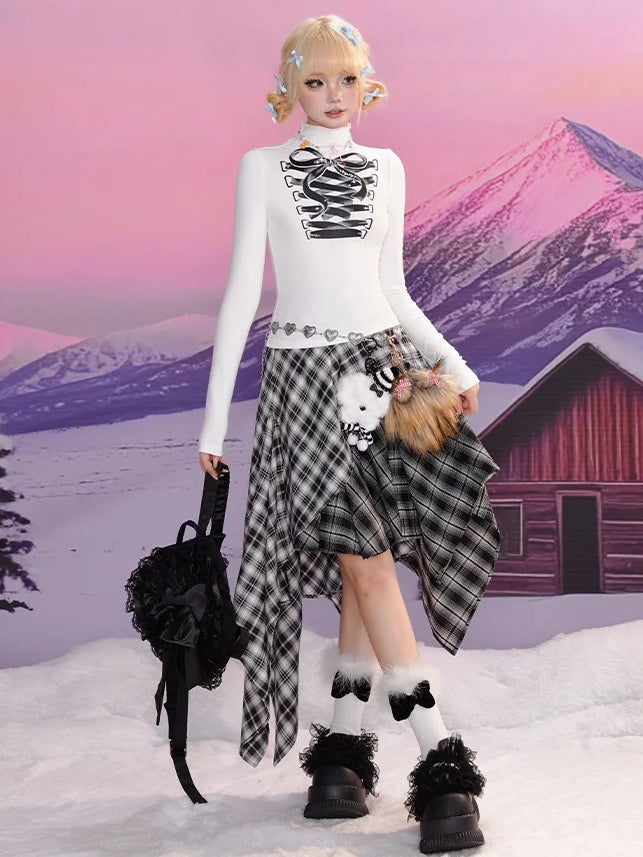 White Bow Lace-Up Print High Neck Long-Sleeve Top