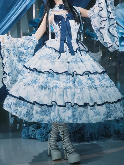 Dress Porcelain-Inspired 120CM-Length Blue Princess White Hanayome-Style Elegant Lolita