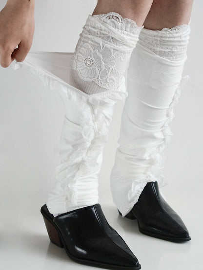 White Lace Cuffed Footed Leg Warmers + White Split Ruffle Leg Warmers Set